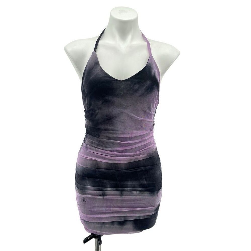 Windsor Groovy Baby Tie Dye Mesh Ruched Mini Dress Purple Gray Small NWT